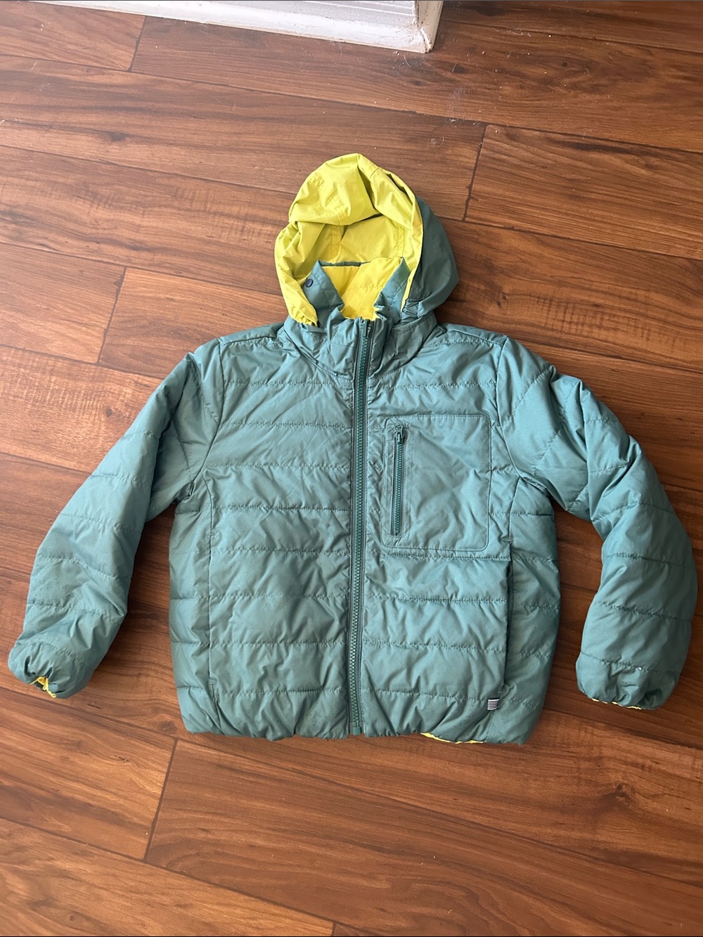 Crewcuts Teal Puffer Jacket with Yellow Hood Lining